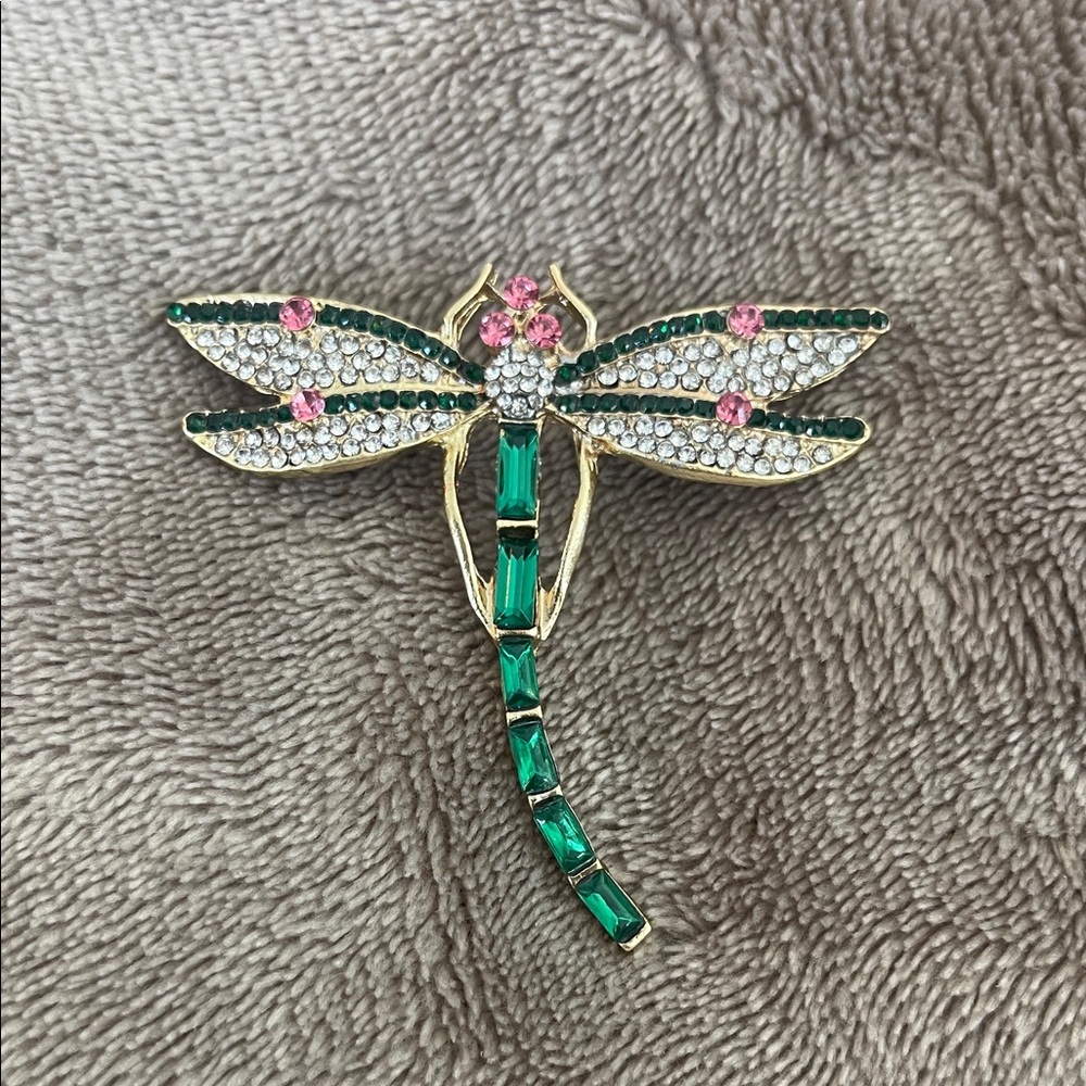 Elegant Gold and Green Dragonfly crystals Brooch new